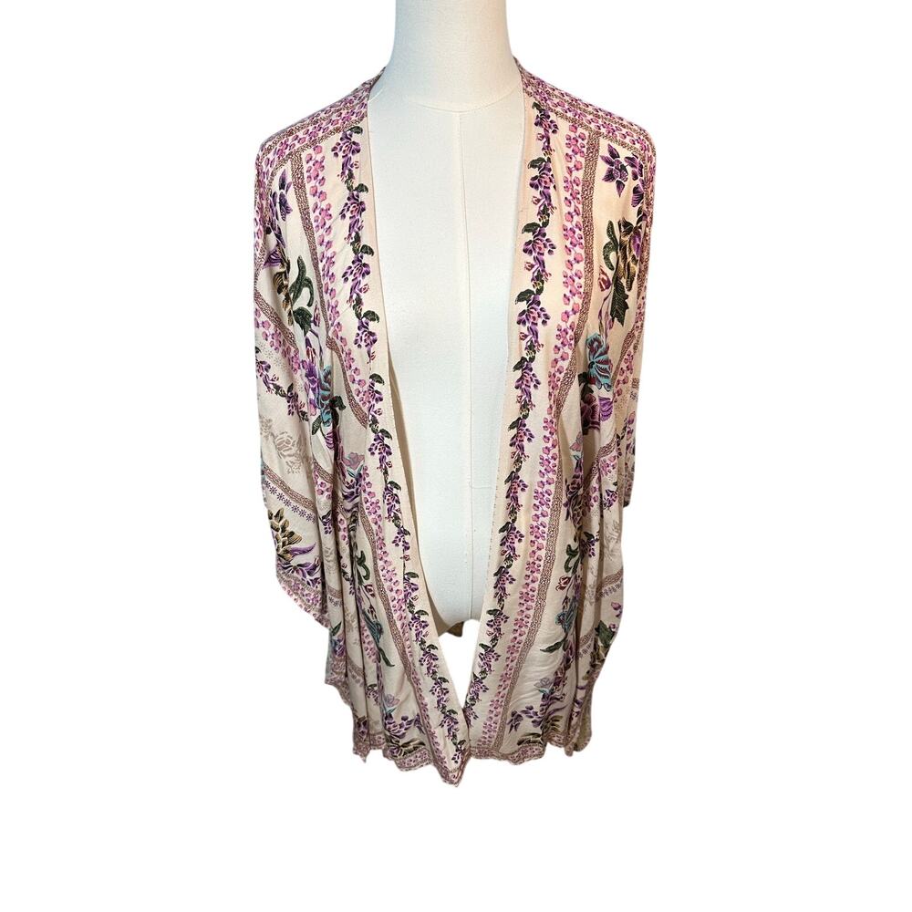 Japna pink floral open front kimono cardigan peach pink boho festival layering
